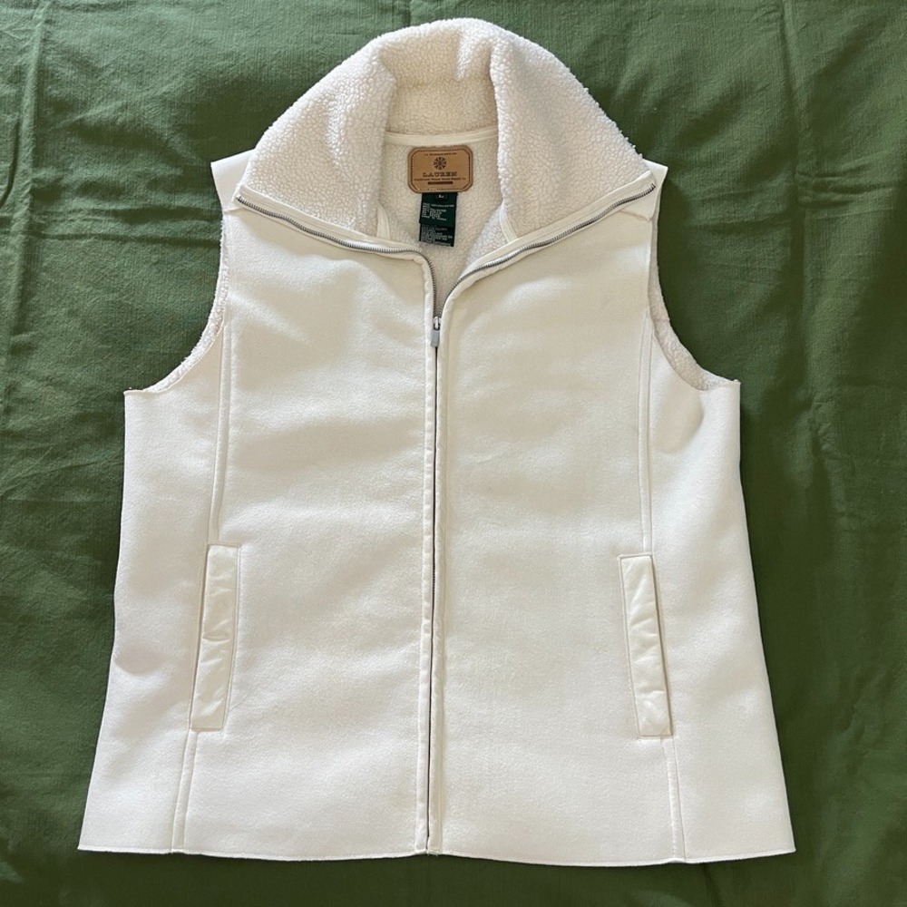 Lauren Ralph Lauren Womens L Cream Faux Suede Sherpa Lined Full‎ Zip Vest Ranch